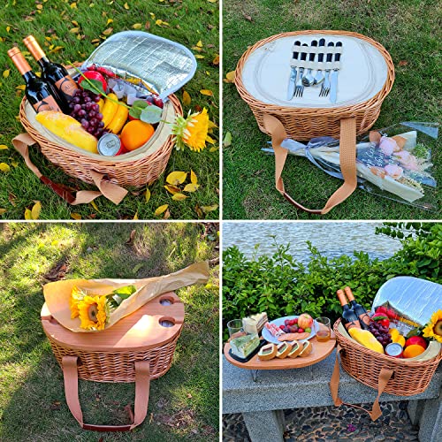 Hap Tim Wicker Picnic Basket Set for 4 with Mini Folding Wine Picnic Table & Large Insulated Cooler Bag & Cutlery Service Kits for 4 Person, Couples Gifts, Wedding Gifts (Y2209-4-CM)