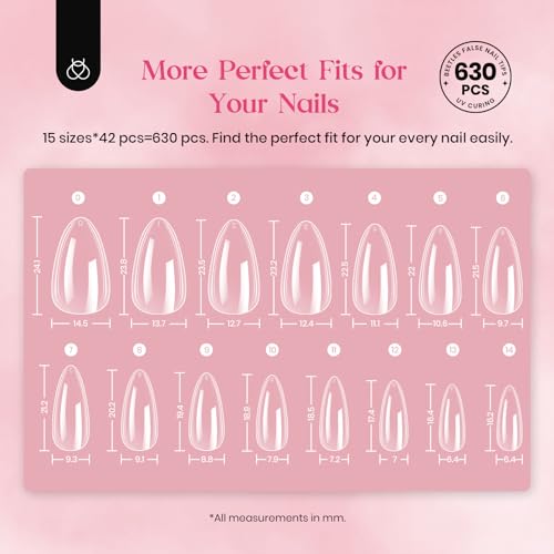 Beetles Gel Nail Tips Medium Almond Easy Nail Extension Nail Tips,15 Sizes 630Pcs Full Cover Clear Soft Nail Tips Acrylic False Nails for Summer Gel Nail Polish Diy Nails Gifts for Women