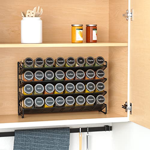 SpaceAid Spice Rack Organizer with 32 Spice Jars, 386 Spice Labels, Chalk Marker and Funnel Set for Cabinet, Countertop, Pantry, Cupboard or Door & Wall Mount - 32 Jars, 15.3" W × 10.8" H, Black