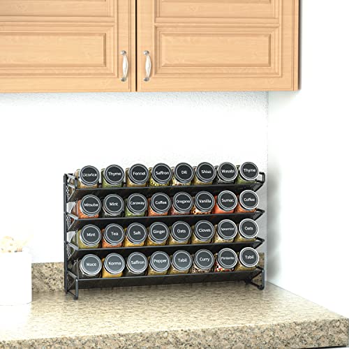 SpaceAid Spice Rack Organizer with 32 Spice Jars, 386 Spice Labels, Chalk Marker and Funnel Set for Cabinet, Countertop, Pantry, Cupboard or Door & Wall Mount - 32 Jars, 15.3" W × 10.8" H, Black