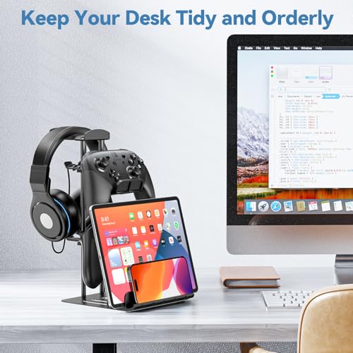 KDD Headphone Stand, Controller Holder & Headset Holder for Desk, Earphone Stand with Aluminum Supporting Bar, Universal Storage Organizer Headphones/Controller/Switch/Mobile Phone