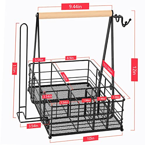 Picnic Caddy and Grill Utensil Caddy,Condiment Caddy, Grill-Caddy,Adjustable Compartment Storage,with 3 Hooks,Sturdy Thick,Easy Carry,Quick Assemble Grill Accessories Storage-Black