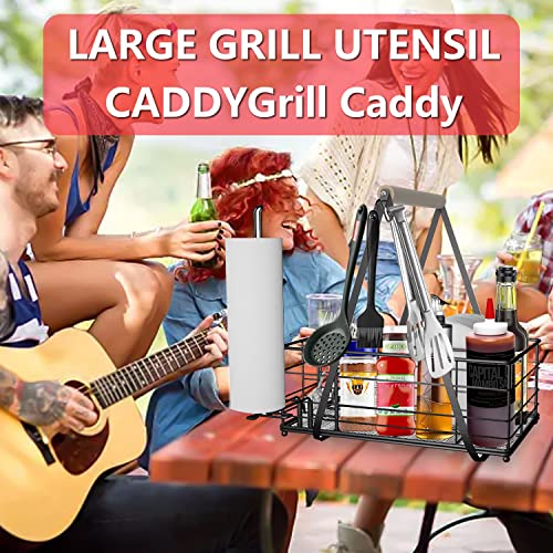 Picnic Caddy and Grill Utensil Caddy,Condiment Caddy, Grill-Caddy,Adjustable Compartment Storage,with 3 Hooks,Sturdy Thick,Easy Carry,Quick Assemble Grill Accessories Storage-Black