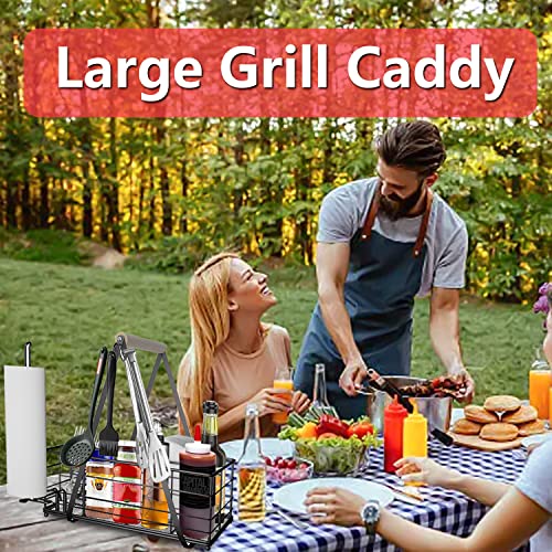 Picnic Caddy and Grill Utensil Caddy,Condiment Caddy, Grill-Caddy,Adjustable Compartment Storage,with 3 Hooks,Sturdy Thick,Easy Carry,Quick Assemble Grill Accessories Storage-Black