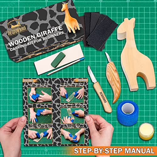 Wood Carving Kit for Beginners - Whittling kit with Giraffe - Linden Woodworking Kit for Kids, Adults - Wood Carving Stainless Steel Knife with Wooden Handle - Giraffe Shaped Linden Blank