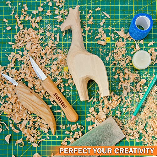 Wood Carving Kit for Beginners - Whittling kit with Giraffe - Linden Woodworking Kit for Kids, Adults - Wood Carving Stainless Steel Knife with Wooden Handle - Giraffe Shaped Linden Blank