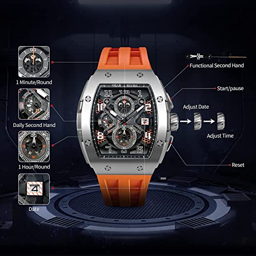 Mens Watches Luxury Tonneau Watches for Men Waterproof 50M Analog Replica Watch Chronograph Calendar Date Men’s Dress Business Work Watch Diver Large Square Face Wristwatch