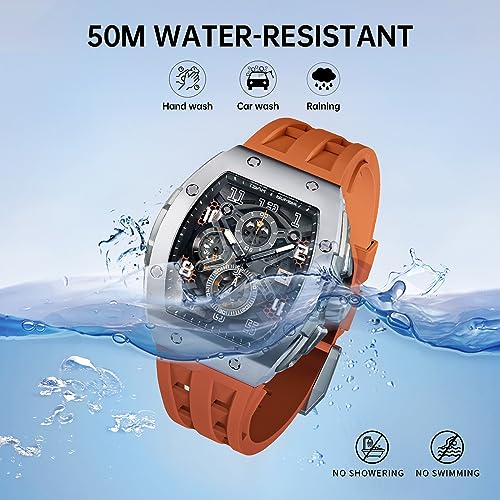 Mens Watches Luxury Tonneau Watches for Men Waterproof 50M Analog Replica Watch Chronograph Calendar Date Men’s Dress Business Work Watch Diver Large Square Face Wristwatch