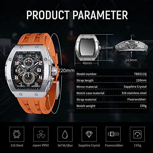 Mens Watches Luxury Tonneau Watches for Men Waterproof 50M Analog Replica Watch Chronograph Calendar Date Men’s Dress Business Work Watch Diver Large Square Face Wristwatch