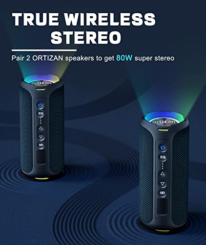 Ortizan Bluetooth Speakers, 40W Loud Stereo Portable Wireless Speaker, IPX7 Waterproof Shower Speakers with Bluetooth 5.3, Deep Bass, LED Light, Microphone, True Wireless Stereo for Home, Outdoor