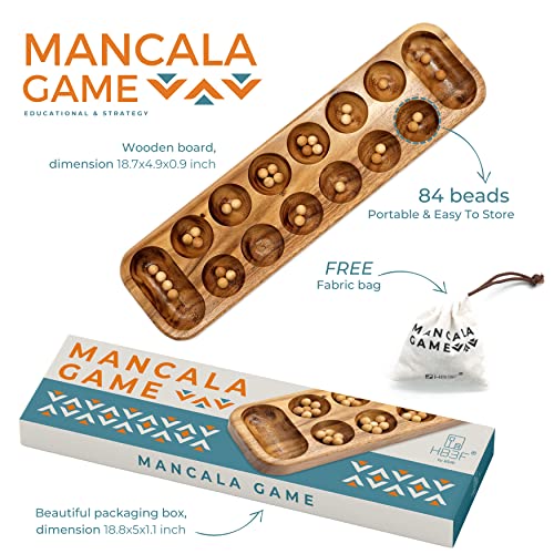 BSIRI Mancala Wooden Board Game - Entertainment for Family, Adults, Teens, Kids. Ideal for Game Night, Drinking. Play with 2 or More People in All Ages