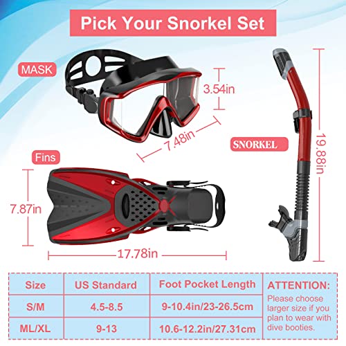 Mask Fins Snorkeling Gear for Adults Men Women, Panoramic View Diving Mask, Anti-Fog Dry Top Snorkel, Adjustable Freediving Swimming Fins/Flippers, Travel Bags for Lap Swimming