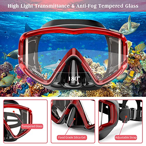 Mask Fins Snorkeling Gear for Adults Men Women, Panoramic View Diving Mask, Anti-Fog Dry Top Snorkel, Adjustable Freediving Swimming Fins/Flippers, Travel Bags for Lap Swimming