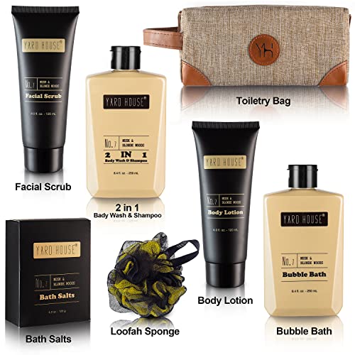 Mens Bath and Body Gift Set - Musk and Blonde Woods - Luxury Fathers Day Gifts From Daughter, Wife, Son For Dad, Husband - Relaxing Spa Kit for Him in Toiletry Bag w. Full Size Items