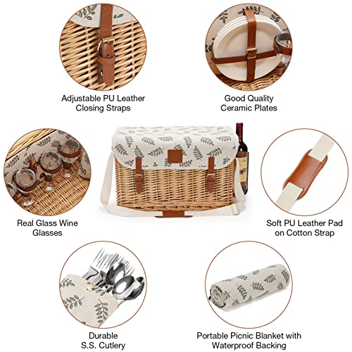 Picnic Basket with Table, Wine Picnic Basket Set 4, Wicker Picnic Basket for 4, Willow Hamper Service Gift Set with Blanket & Portable Wine Snack Table for Camping and Outdoor Party