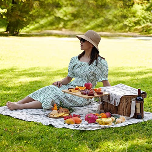 Picnic Basket with Table, Wine Picnic Basket Set 4, Wicker Picnic Basket for 4, Willow Hamper Service Gift Set with Blanket & Portable Wine Snack Table for Camping and Outdoor Party