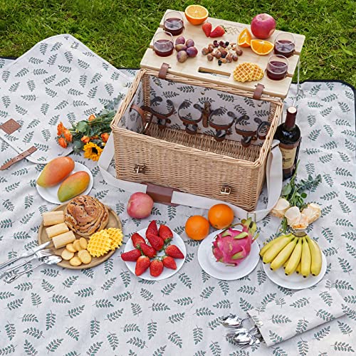 Picnic Basket with Table, Wine Picnic Basket Set 4, Wicker Picnic Basket for 4, Willow Hamper Service Gift Set with Blanket & Portable Wine Snack Table for Camping and Outdoor Party