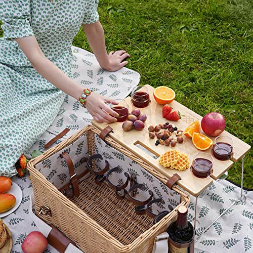 Picnic Basket with Table, Wine Picnic Basket Set 4, Wicker Picnic Basket for 4, Willow Hamper Service Gift Set with Blanket & Portable Wine Snack Table for Camping and Outdoor Party