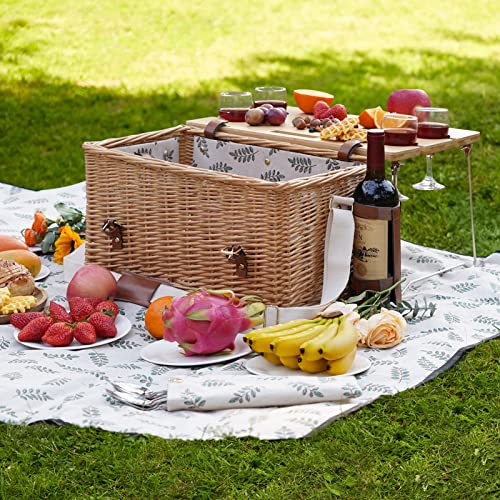 Picnic Basket with Table, Wine Picnic Basket Set 4, Wicker Picnic Basket for 4, Willow Hamper Service Gift Set with Blanket & Portable Wine Snack Table for Camping and Outdoor Party