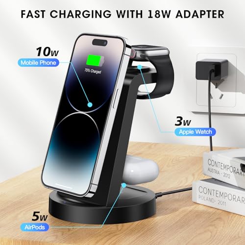 3 in 1 Charging Station for iPhone, Wireless Charger for iPhone 16 15 14 13 12 11 X Pro Max & Apple Watch - Wireless Charging Station for AirPods 4 3 Pro