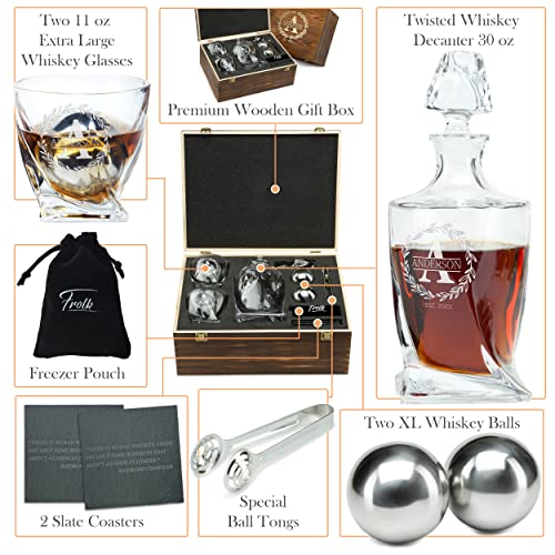 Personalized Whiskey Decanter and Stones Set - Customized Gift for Him - Men, Dad, Father - Engraved Twisted Whiskey Decanter, 2 XL Glasses, 2 XL Balls, 2 Coasters, Tongs, Pouch in Wooden Box