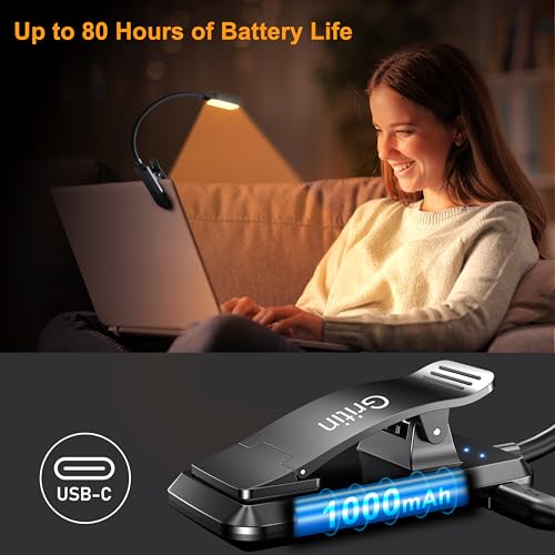 Gritin 16 LED Rechargeable Book Light for Reading in Bed- Eye Caring 3 Color Temperatures, Stepless Dimming Brightness, 80 Hrs Runtime, Lightweight Flexible Clip on Book Light for Book Lovers