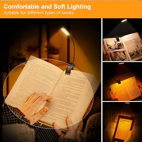 Gritin 16 LED Rechargeable Book Light for Reading in Bed- Eye Caring 3 Color Temperatures, Stepless Dimming Brightness, 80 Hrs Runtime, Lightweight Flexible Clip on Book Light for Book Lovers