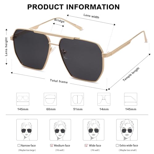 SOJOS Retro Oversized Square Polarized Sunglasses for Women and Men Vintage Shades UV400 Classic Large Metal Sun Glasses