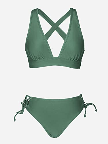 CUPSHE Bikini Set for Women Two Piece Swimsuit V Neck Triangle Top Wide Straps Cross Back Lace up Mid Rise