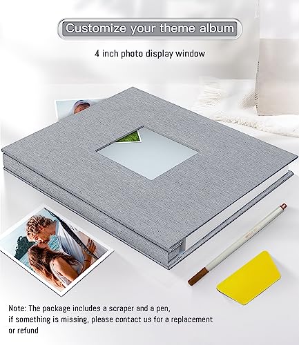 Popotop Photo Album Self Adhesive with Picture Display Window,40 Pages DIY Baby Memory Book for 4x6 8x10 Picture,Linen Cover Scrapbook for Wedding,with Scraper and Metallic Pen