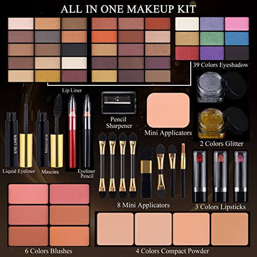 Professional Makeup Kit for Women Full Kit with Mirror 58 Colors All in One Make up Gift Set for Girls Included Eyeshadow,Compact Powder,Blusher,Lipstick,Eyebrow Pencil,Gitter Gel,Eyeliner,Mascara (N)