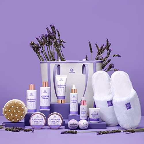 Gift Baskets for Women Mothers Day Gifts Spa Luxetique 12 Pcs Lavender Bath and Body Gifts for Women with Luxury Tote Bag Birthday Gifts for Mom