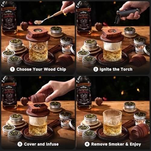 Whiskey Smoker Kit with Torch - 6 Flavors Wood Chips, 2 Glasses, 2 Ice Ball Molds - Cocktail Smoker Infuser Kit, Old Fashioned Drink Smoker Kit, Birthday Bourbon Whiskey Gifts for Men,Dad(NO Butane)