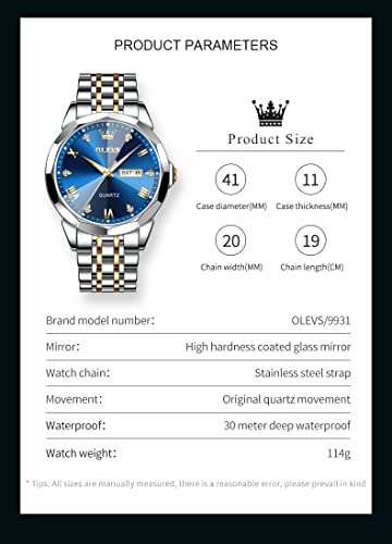 OLEVS Watch for Men Diamond Business Dress Analog Quartz Stainless Steel Waterproof Luminous Date Two Tone Luxury Casual Wrist Watch Blue