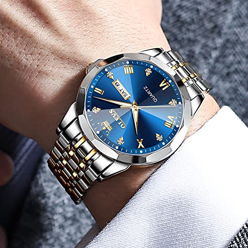 OLEVS Watch for Men Diamond Business Dress Analog Quartz Stainless Steel Waterproof Luminous Date Two Tone Luxury Casual Wrist Watch Blue