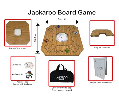 Jackaroo Board Game - Strategy, Competitive, Fun 2-4 Player Marbles and Card Game for Family, Friends, Kids & Adults - Classic Original Game - Wooden Board Foldable and Open in The Middle (Oak)