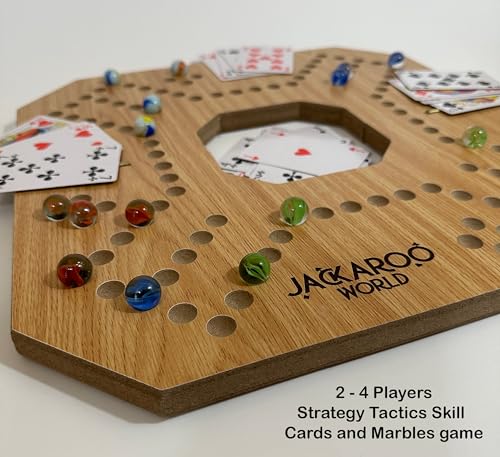 Jackaroo Board Game - Strategy, Competitive, Fun 2-4 Player Marbles and Card Game for Family, Friends, Kids & Adults - Classic Original Game - Wooden Board Foldable and Open in The Middle (Oak)