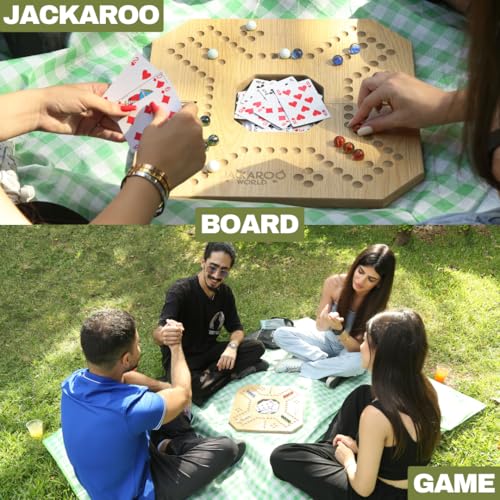 Jackaroo Board Game - Strategy, Competitive, Fun 2-4 Player Marbles and Card Game for Family, Friends, Kids & Adults - Classic Original Game - Wooden Board Foldable and Open in The Middle (Oak)