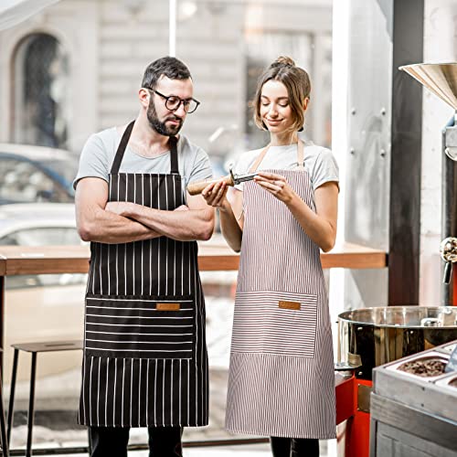 BeLuyi 2 Pack Adjustable Bib Apron with 2 Pockets Chef Cooking Kitchen Restaurant Aprons for Women Men (Black/Brown Stripes)