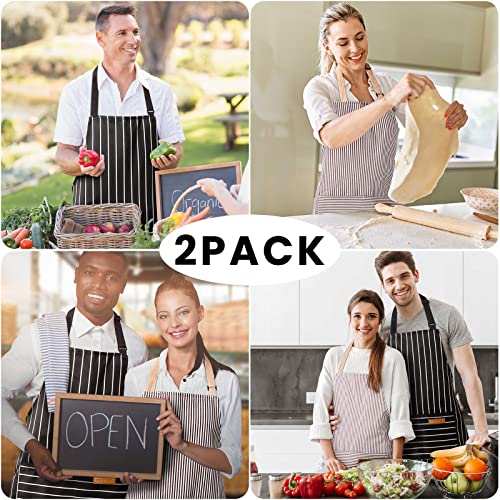 BeLuyi 2 Pack Adjustable Bib Apron with 2 Pockets Chef Cooking Kitchen Restaurant Aprons for Women Men (Black/Brown Stripes)