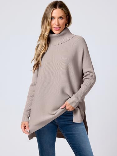 ANRABESS Women's Oversized Turtleneck Batwing Sleeve Spilt Casual Loose Knit Tunic Pullover Sweater Tops 2024 Fall Outfits Almond X-Small