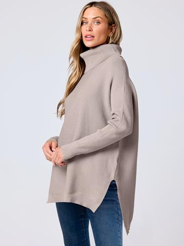 ANRABESS Women's Oversized Turtleneck Batwing Sleeve Spilt Casual Loose Knit Tunic Pullover Sweater Tops 2024 Fall Outfits Almond X-Small