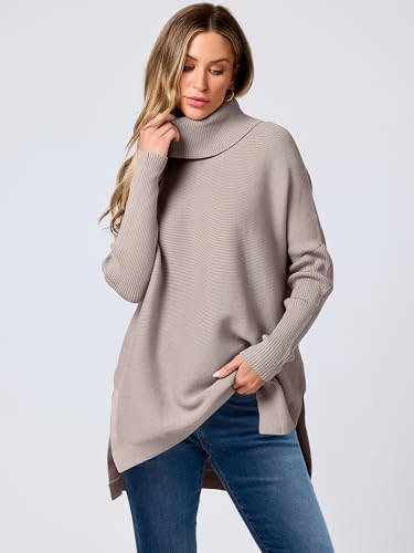 ANRABESS Women's Oversized Turtleneck Batwing Sleeve Spilt Casual Loose Knit Tunic Pullover Sweater Tops 2024 Fall Outfits Almond X-Small