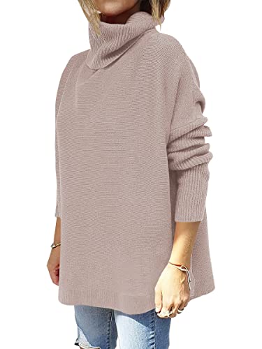 ANRABESS Women's Oversized Turtleneck Batwing Sleeve Spilt Casual Loose Knit Tunic Pullover Sweater Tops 2024 Fall Outfits Almond X-Small