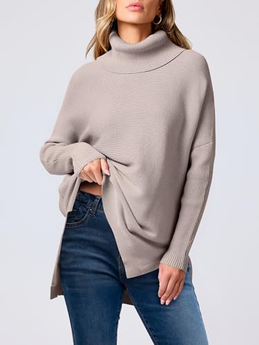 ANRABESS Women's Oversized Turtleneck Batwing Sleeve Spilt Casual Loose Knit Tunic Pullover Sweater Tops 2024 Fall Outfits Almond X-Small