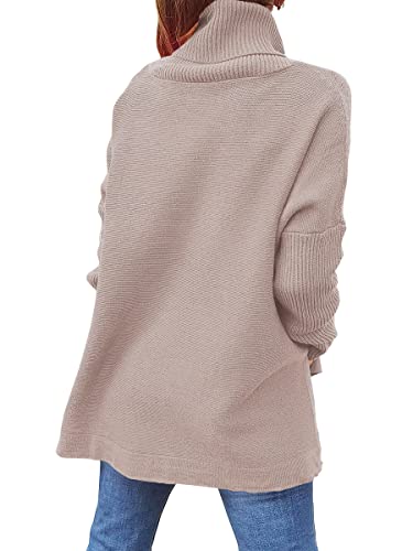 ANRABESS Women's Oversized Turtleneck Batwing Sleeve Spilt Casual Loose Knit Tunic Pullover Sweater Tops 2024 Fall Outfits Almond X-Small