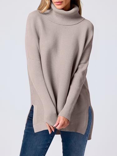 ANRABESS Women's Oversized Turtleneck Batwing Sleeve Spilt Casual Loose Knit Tunic Pullover Sweater Tops 2024 Fall Outfits Almond X-Small