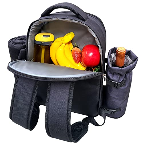 Hap Tim Picnic Backpack for 2 Person with Insulated Cooler Compartment,Wine Holder,Fleece Blanket,Cutlery Set, Engagement Gifts for Couples, Dark Grey（3065-DG）