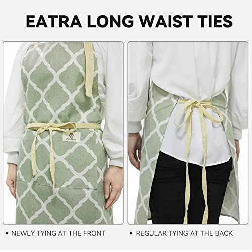 Riqiaqia 2 Pieces Aprons for Women with Pockets, Cotton Linen Waterproof Kitchen Cooking Aprons, Chef Apronfor Men Women with Adjustable Neck Strap and Long Ties(Grey/Green)