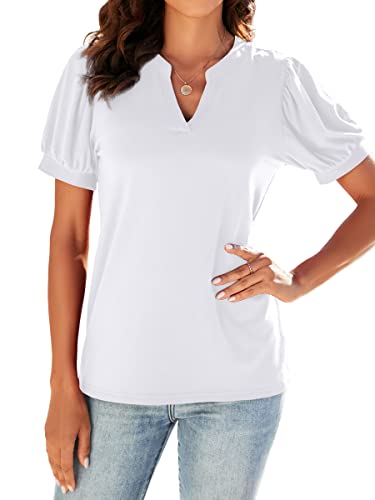 Neineiwu Women Dressy Casual V-Neck T-Shirts Loose Puff Short-Sleeve Tops Tunic Blouse